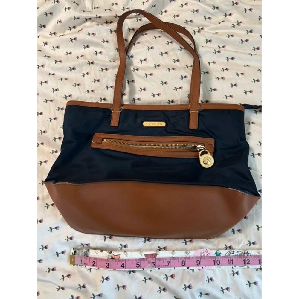 Michael Kors Navy Nylon Tote Bag Brown Faux Leather Trim Gold MK Charm Purse